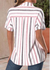 Striped Pocket Pink Short Sleeve Shirt Collar Blouse