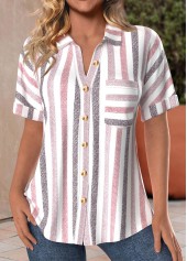 Striped Pocket Pink Short Sleeve Shirt Collar Blouse