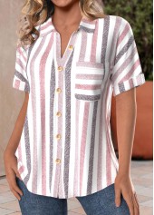 Striped Pocket Pink Short Sleeve Shirt Collar Blouse