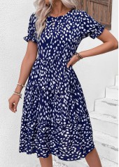 Ruched Navy Short Sleeve Round Neck Dress