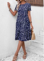 Ruched Navy Short Sleeve Round Neck Dress