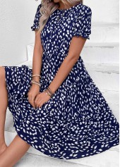 Ruched Navy Short Sleeve Round Neck Dress
