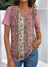 Floral Print Patchwork Pink Short Sleeve T Shirt