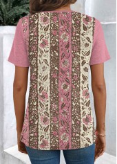 Floral Print Patchwork Pink Short Sleeve T Shirt
