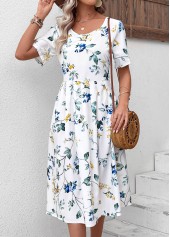 Floral Print White Short Sleeve Round Neck Dress