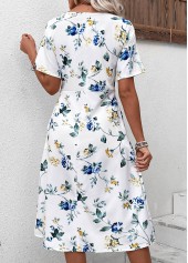 Floral Print White Short Sleeve Round Neck Dress