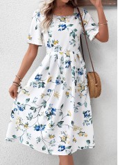 Floral Print White Short Sleeve Round Neck Dress
