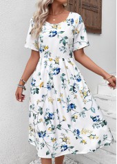 Floral Print White Short Sleeve Round Neck Dress
