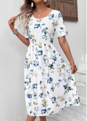 Floral Print White Short Sleeve Round Neck Dress