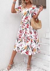 Floral Print Zipper Red Short Sleeve Round Neck Dress