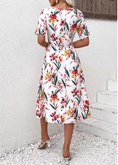 Floral Print Zipper Red Short Sleeve Round Neck Dress