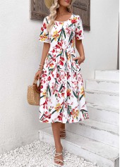 Floral Print Zipper Red Short Sleeve Round Neck Dress