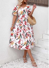 Floral Print Zipper Red Short Sleeve Round Neck Dress