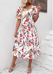 Floral Print Zipper Red Short Sleeve Round Neck Dress