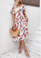 Floral Print Zipper Red Short Sleeve Round Neck Dress