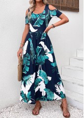 Plants Print Pocket Navy Short Sleeve Maxi Dress