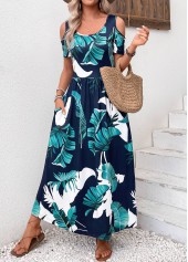 Plants Print Pocket Navy Short Sleeve Maxi Dress