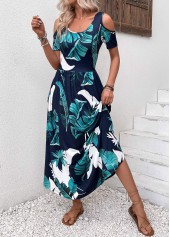 Plants Print Pocket Navy Short Sleeve Maxi Dress