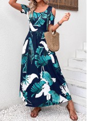 Plants Print Pocket Navy Short Sleeve Maxi Dress