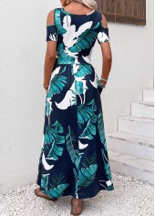 Plants Print Pocket Navy Short Sleeve Maxi Dress