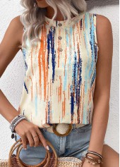 Striped Button Multi Color Sleeveless Round Neck Tank Top