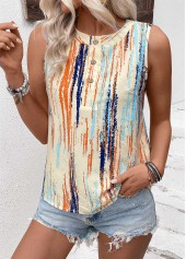 Striped Button Multi Color Sleeveless Round Neck Tank Top