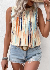 Striped Button Multi Color Sleeveless Round Neck Tank Top