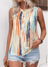 Striped Button Multi Color Sleeveless Round Neck Tank Top