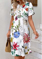 Floral Print Pleated White Short Sleeve Round Neck Dress
