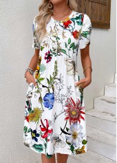 Floral Print Pleated White Short Sleeve Round Neck Dress
