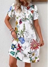Floral Print Pleated White Short Sleeve Round Neck Dress
