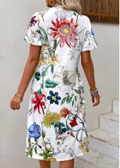 Floral Print Pleated White Short Sleeve Round Neck Dress