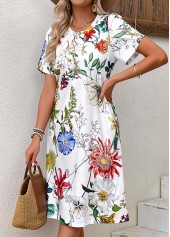Floral Print Pleated White Short Sleeve Round Neck Dress