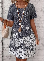 Floral Print Pocket Black Short Round Neck Dress