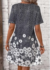 Floral Print Pocket Black Short Round Neck Dress