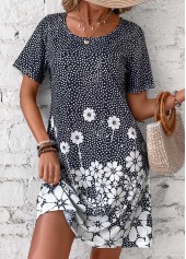 Floral Print Pocket Black Short Round Neck Dress