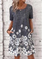 Floral Print Pocket Black Short Round Neck Dress