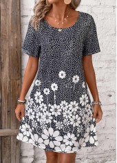 Floral Print Pocket Black Short Round Neck Dress