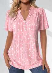 Geometric Print Frill Pink Short Sleeve Split Neck Blouse