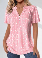 Geometric Print Frill Pink Short Sleeve Split Neck Blouse