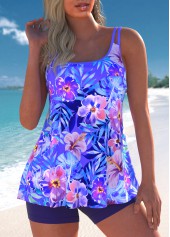 Floral Print Contrast Binding Purple Tankini Set