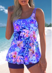 Floral Print Contrast Binding Purple Tankini Set
