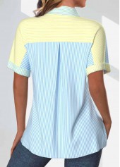 Striped Patchwork Rainbow Color Short Sleeve Shirt Collar Blouse