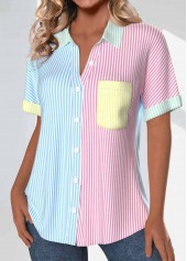 Striped Patchwork Rainbow Color Short Sleeve Shirt Collar Blouse