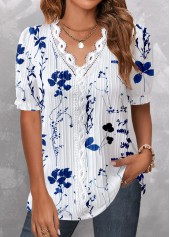 Floral Print Embroidery Dark Blue Short Sleeve Blouse