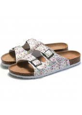 White Floral Print Open Toe Falt Sliders