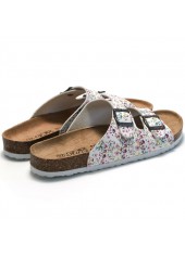 White Floral Print Open Toe Falt Sliders