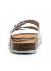 White Floral Print Open Toe Falt Sliders