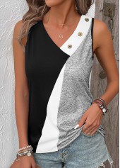 Geometric Print Button Black Sleeveless V Neck Tank Top