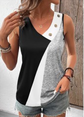 Geometric Print Button Black Sleeveless V Neck Tank Top
